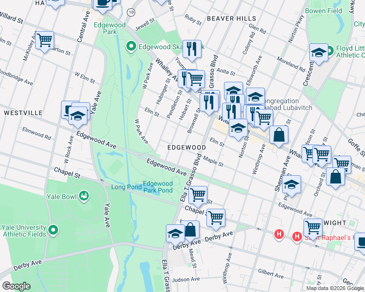 map of restaurants, bars, coffee shops, grocery stores, and more near 49 Hobart Street in New Haven
