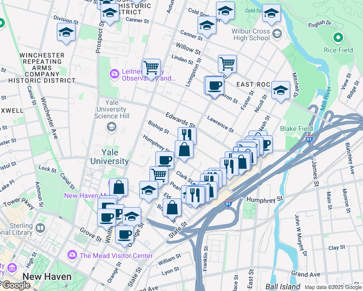 map of restaurants, bars, coffee shops, grocery stores, and more near 608 Orange Street in New Haven