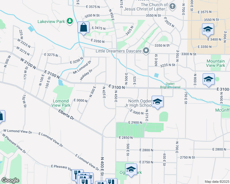 map of restaurants, bars, coffee shops, grocery stores, and more near 433 East 3100 North in Ogden