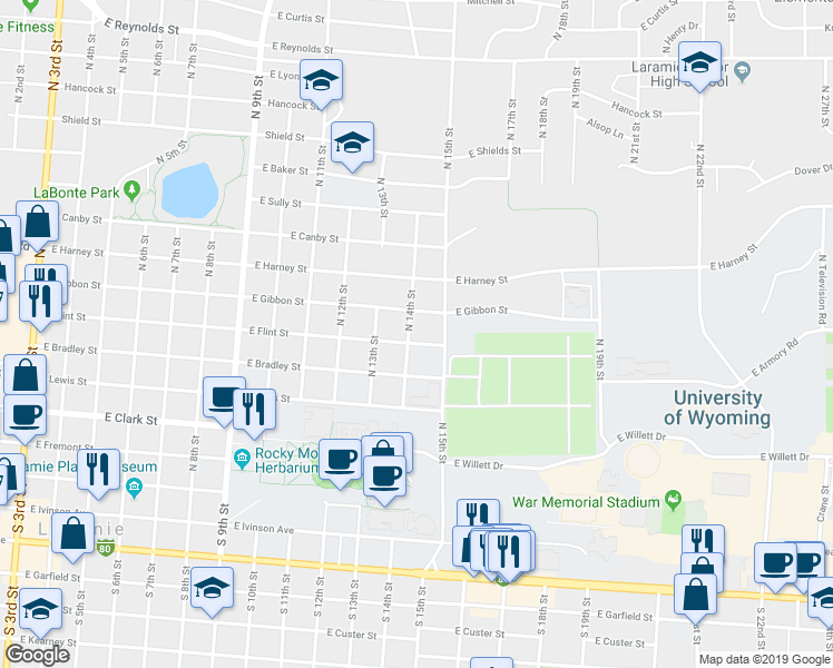map of restaurants, bars, coffee shops, grocery stores, and more near 1414 East Gibbon Street in Laramie