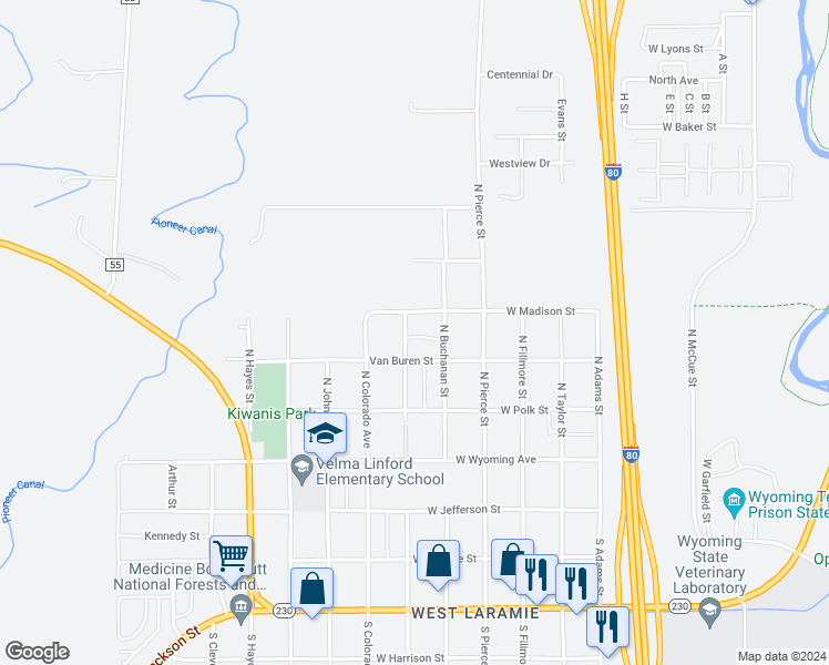 map of restaurants, bars, coffee shops, grocery stores, and more near 388 North Buchanan Street in Laramie