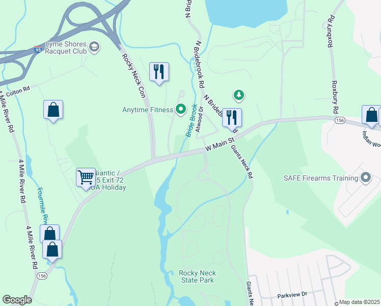 map of restaurants, bars, coffee shops, grocery stores, and more near 255 West Main Street in East Lyme