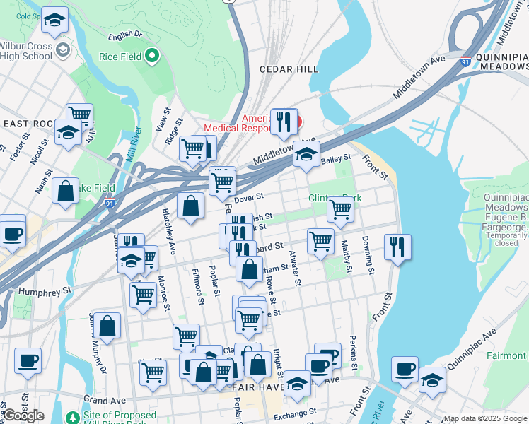 map of restaurants, bars, coffee shops, grocery stores, and more near 194 Dover Street in New Haven