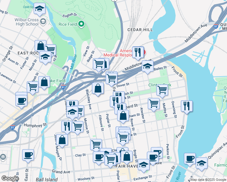 map of restaurants, bars, coffee shops, grocery stores, and more near 228 Dover Street in New Haven