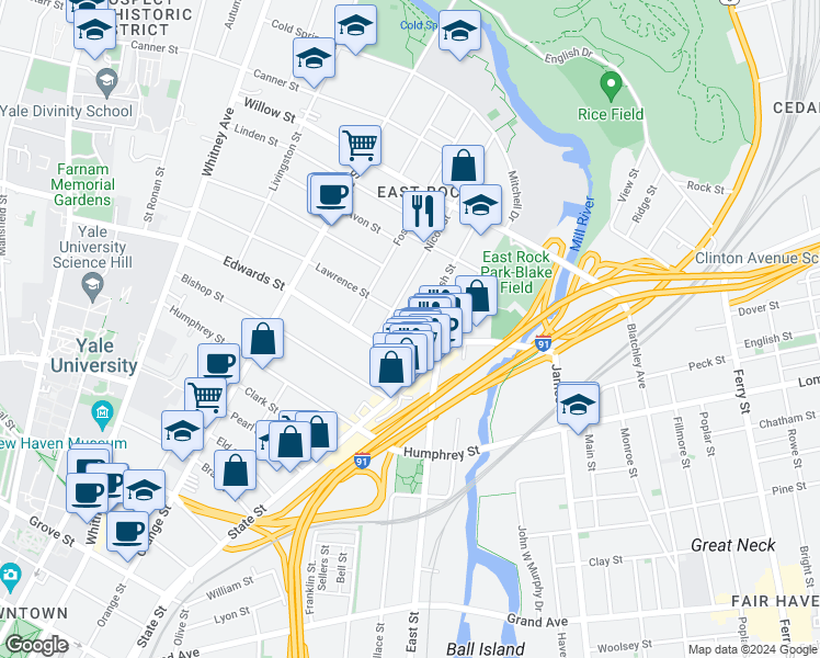 map of restaurants, bars, coffee shops, grocery stores, and more near 63 Lawrence Street in New Haven