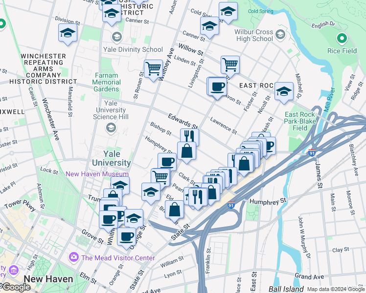 map of restaurants, bars, coffee shops, grocery stores, and more near 172 Bishop Street in New Haven