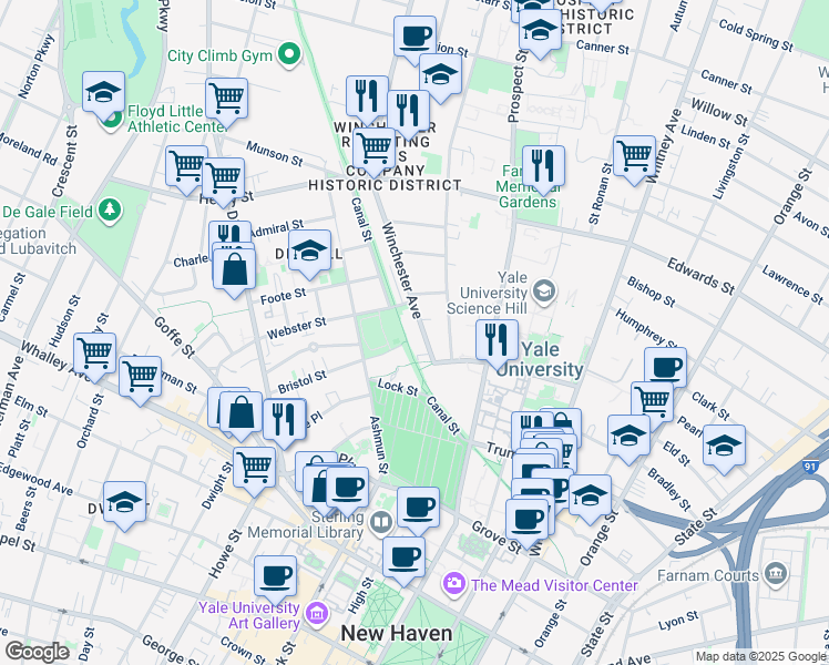 map of restaurants, bars, coffee shops, grocery stores, and more near 63 Winchester Avenue in New Haven