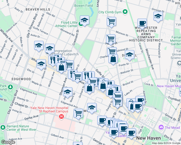 map of restaurants, bars, coffee shops, grocery stores, and more near in New Haven