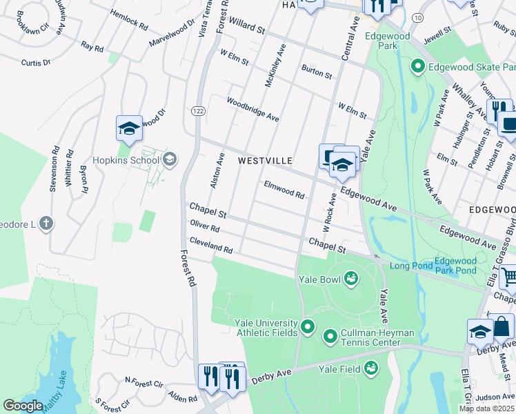 map of restaurants, bars, coffee shops, grocery stores, and more near 183 Westwood Road in New Haven