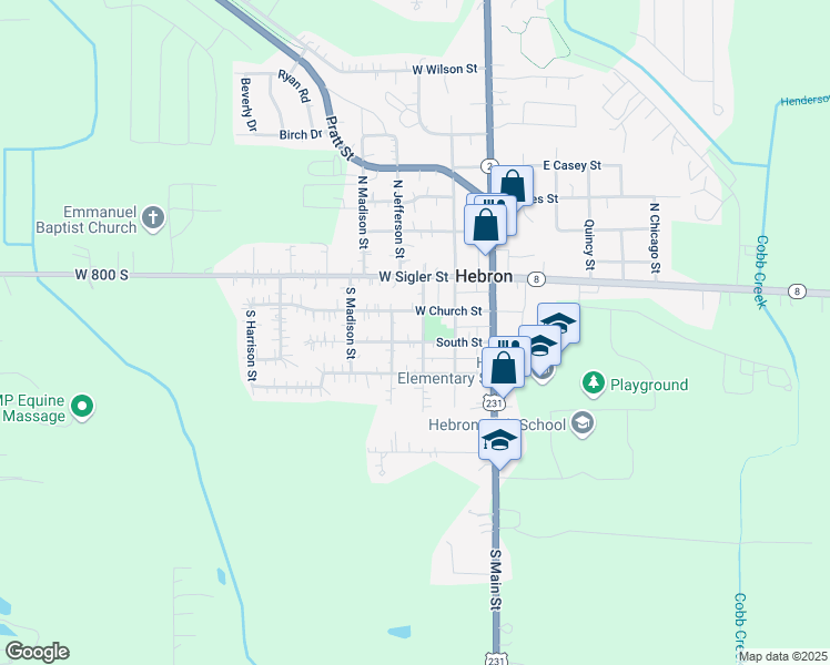 map of restaurants, bars, coffee shops, grocery stores, and more near 201-299 South Adams Street in Hebron