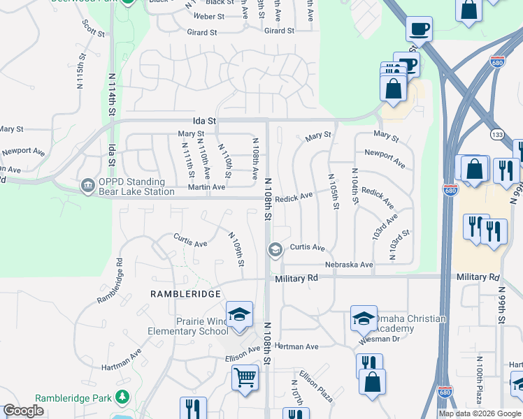 map of restaurants, bars, coffee shops, grocery stores, and more near 6335 North 108th Avenue Circle in Omaha