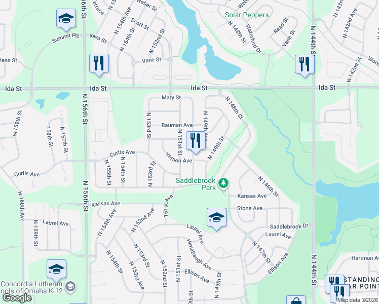 map of restaurants, bars, coffee shops, grocery stores, and more near 6429 North 151st Street in Omaha