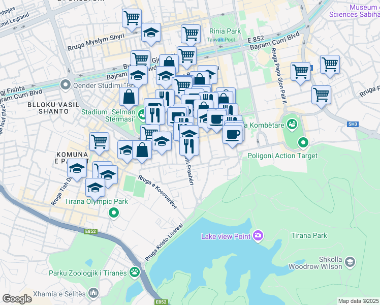 map of restaurants, bars, coffee shops, grocery stores, and more near Rruga Sami Frashëri in Tirana