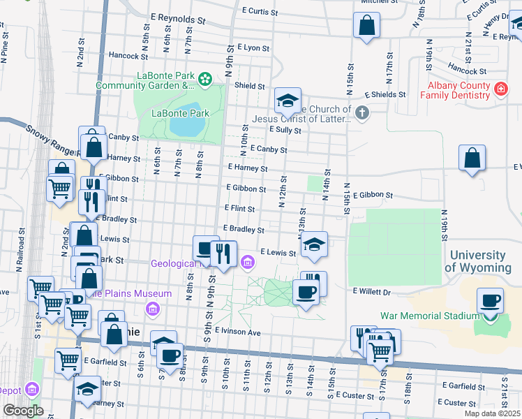 map of restaurants, bars, coffee shops, grocery stores, and more near 601 North 11th Street in Laramie
