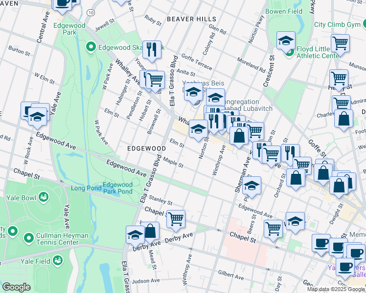 map of restaurants, bars, coffee shops, grocery stores, and more near Elm Street & Ellsworth Avenue in New Haven