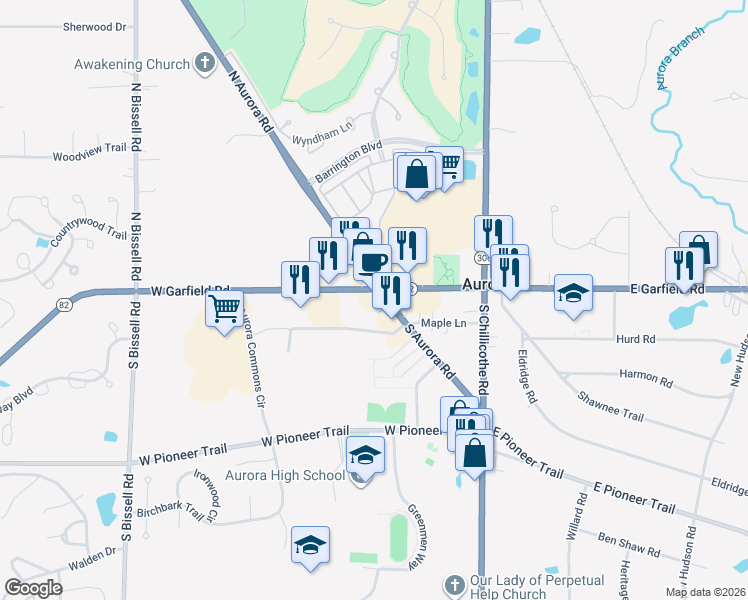 map of restaurants, bars, coffee shops, grocery stores, and more near 157 West Garfield Road in Aurora
