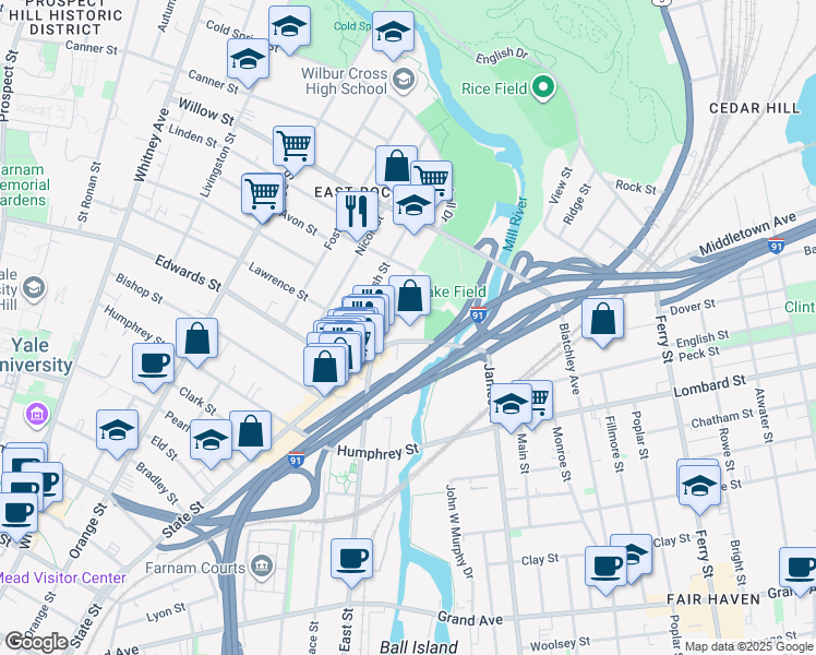 map of restaurants, bars, coffee shops, grocery stores, and more near 1050 State Street in New Haven