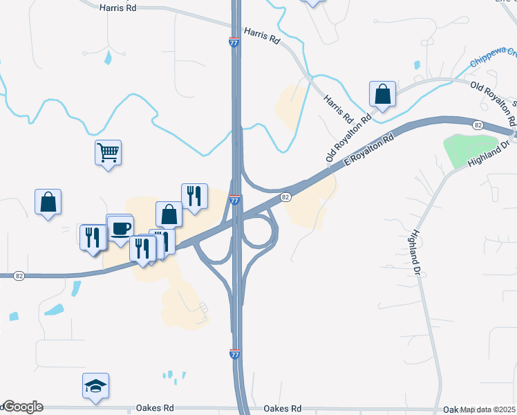 map of restaurants, bars, coffee shops, grocery stores, and more near 5901 East Royalton Road in Broadview Heights