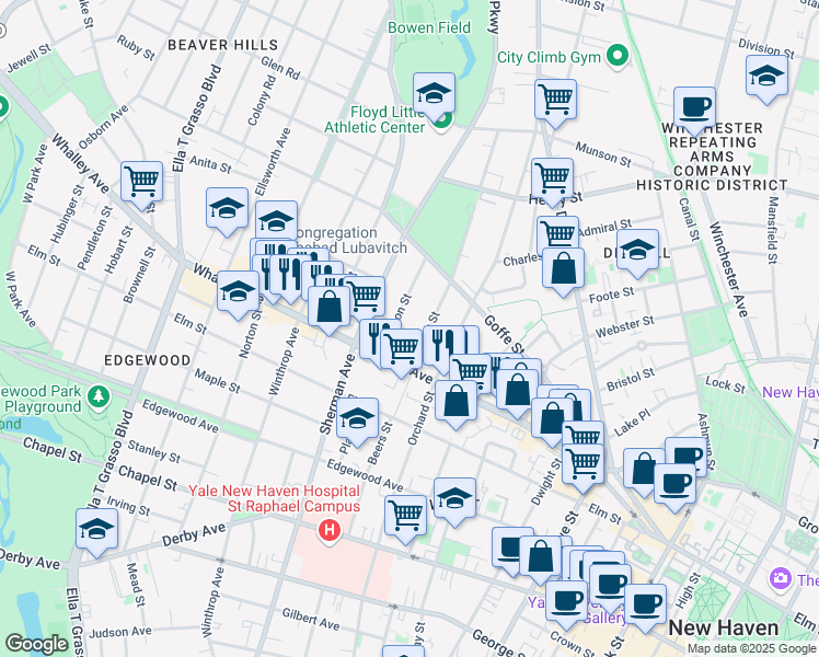 map of restaurants, bars, coffee shops, grocery stores, and more near 245 Whalley Avenue in New Haven