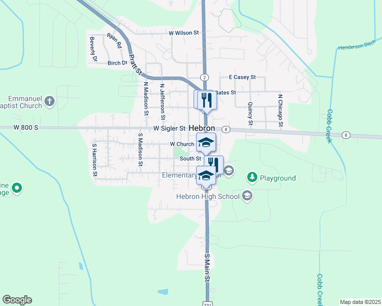 map of restaurants, bars, coffee shops, grocery stores, and more near 106 West Church Street in Hebron