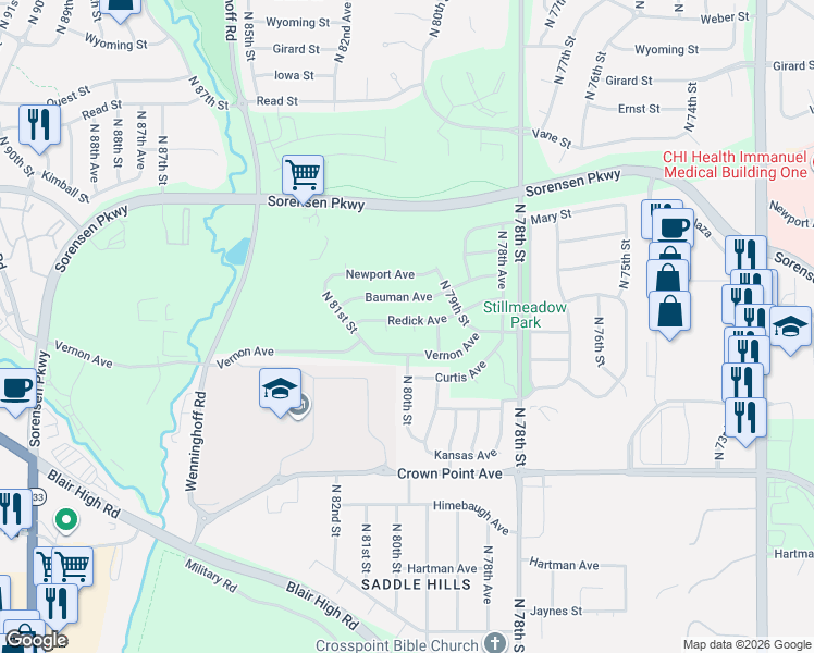 map of restaurants, bars, coffee shops, grocery stores, and more near 8002 Redick Avenue in Omaha