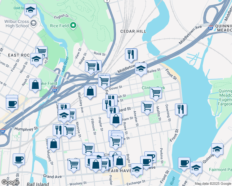 map of restaurants, bars, coffee shops, grocery stores, and more near 142 Rowe Street in New Haven