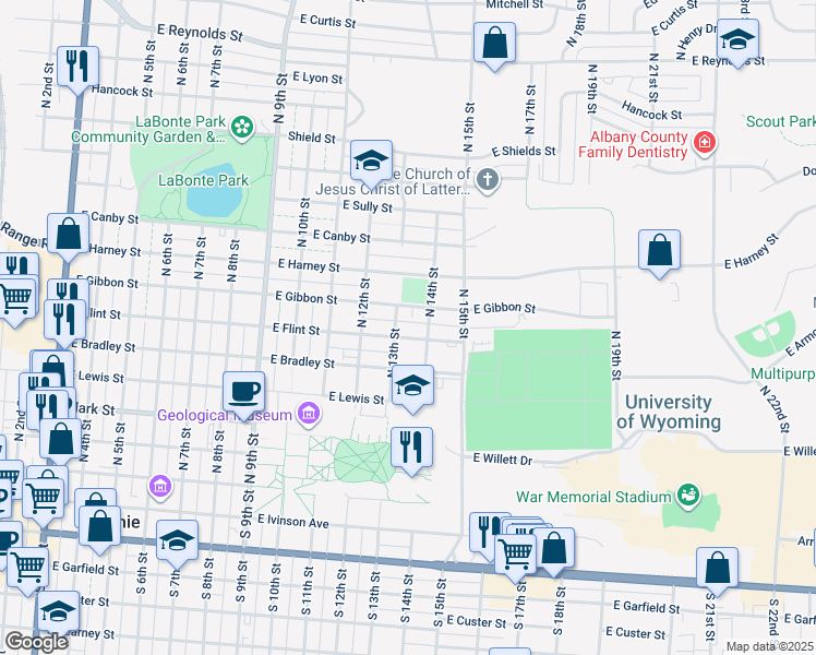 map of restaurants, bars, coffee shops, grocery stores, and more near 1314 East Gibbon Street in Laramie
