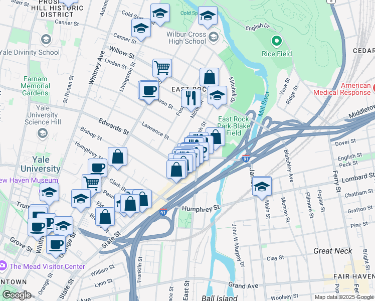 map of restaurants, bars, coffee shops, grocery stores, and more near 63 Lawrence Street in New Haven