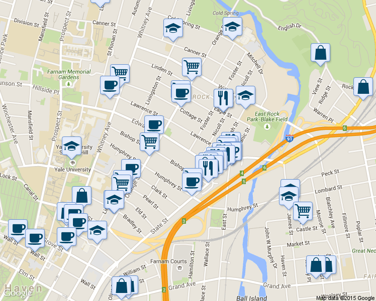 map of restaurants, bars, coffee shops, grocery stores, and more near 19 Foster Street in New Haven