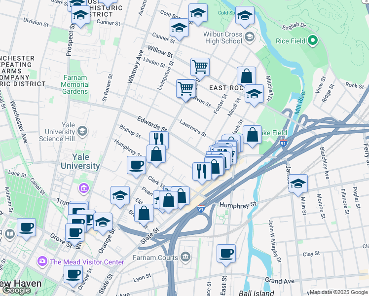 map of restaurants, bars, coffee shops, grocery stores, and more near 124 Edwards Street in New Haven