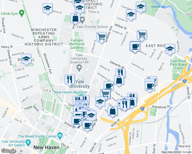 map of restaurants, bars, coffee shops, grocery stores, and more near in New Haven