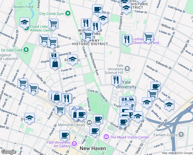 map of restaurants, bars, coffee shops, grocery stores, and more near 63 Winchester Avenue in New Haven