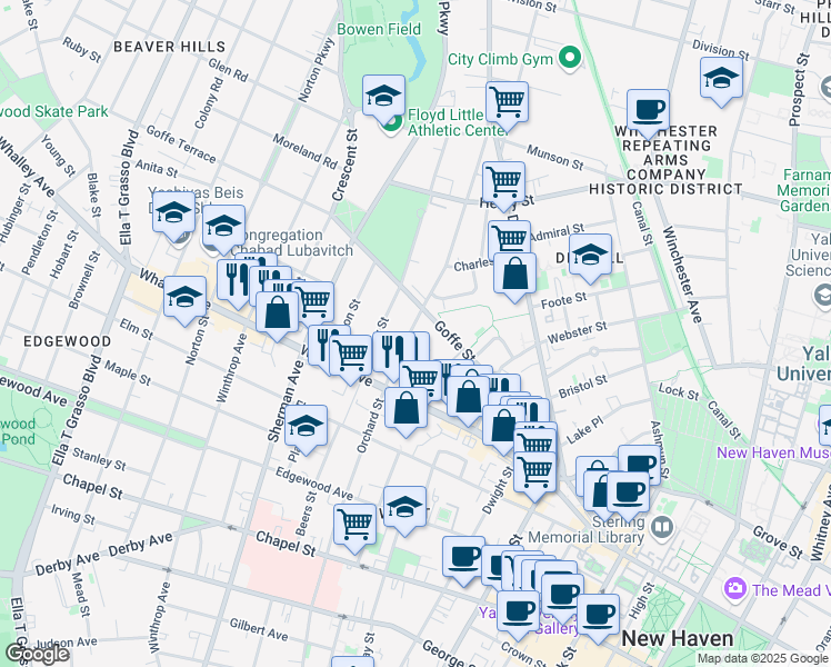 map of restaurants, bars, coffee shops, grocery stores, and more near in New Haven