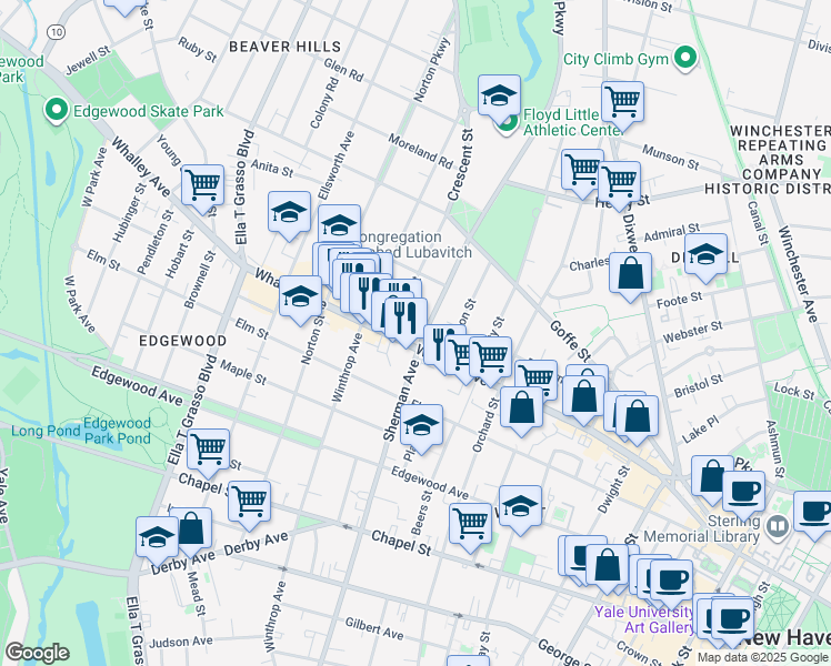 map of restaurants, bars, coffee shops, grocery stores, and more near 324 Sherman Avenue in New Haven
