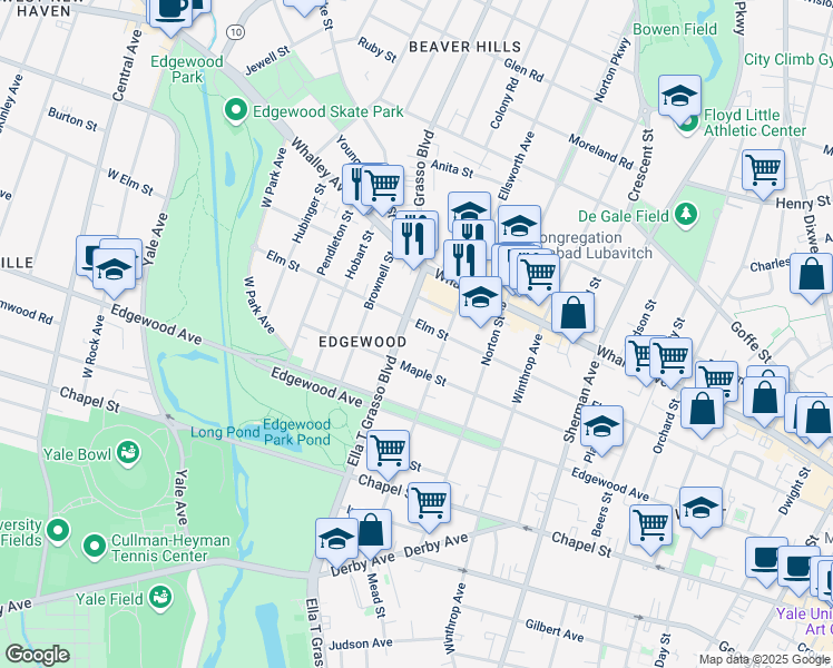 map of restaurants, bars, coffee shops, grocery stores, and more near 1427 Ella T Grasso Boulevard in New Haven