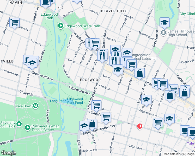map of restaurants, bars, coffee shops, grocery stores, and more near 61 Brownell Street in New Haven
