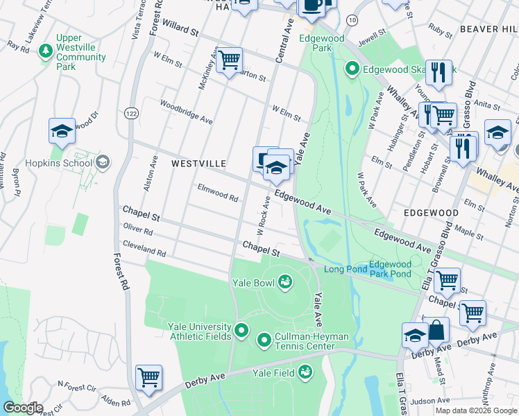 map of restaurants, bars, coffee shops, grocery stores, and more near 79 West Rock Avenue in New Haven