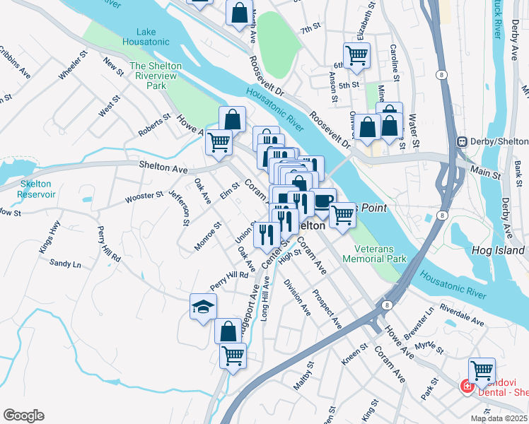 map of restaurants, bars, coffee shops, grocery stores, and more near 377 Coram Avenue in Shelton