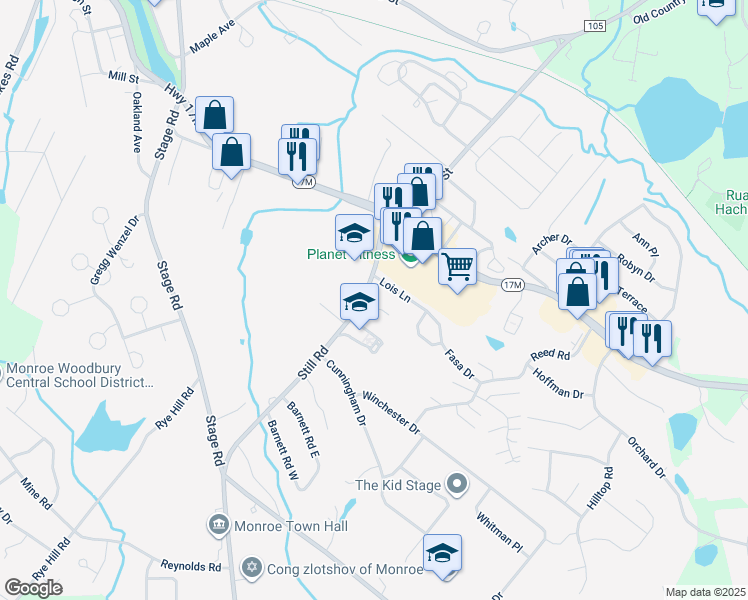 map of restaurants, bars, coffee shops, grocery stores, and more near 73 Lois Lane in Monroe