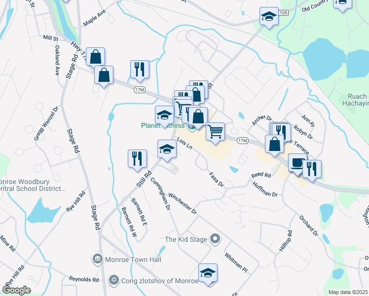 map of restaurants, bars, coffee shops, grocery stores, and more near 73 Lois Lane in Monroe