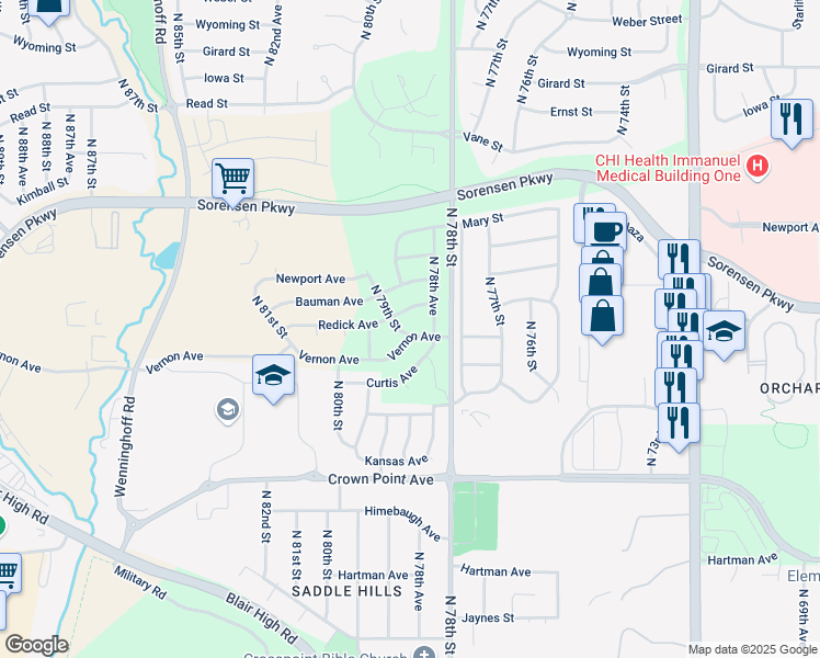 map of restaurants, bars, coffee shops, grocery stores, and more near 6414 North 78th Avenue in Omaha
