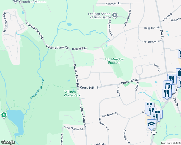map of restaurants, bars, coffee shops, grocery stores, and more near 33 Heather Road in Monroe