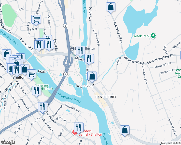 map of restaurants, bars, coffee shops, grocery stores, and more near 57 Bank Street in Derby