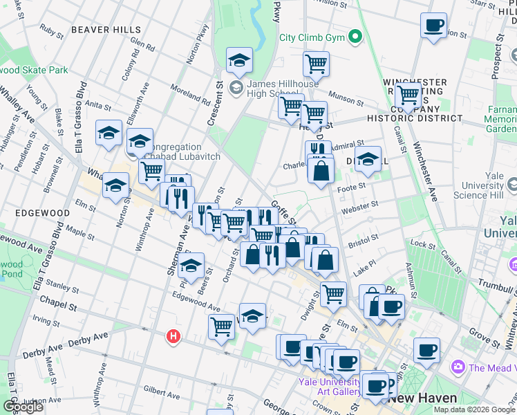 map of restaurants, bars, coffee shops, grocery stores, and more near 591 Orchard Street in New Haven