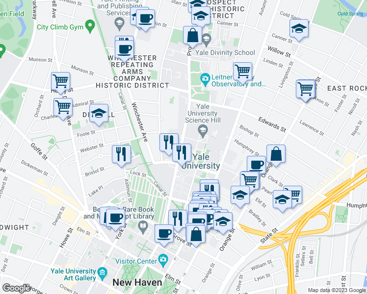 map of restaurants, bars, coffee shops, grocery stores, and more near 205 Prospect St in New Haven