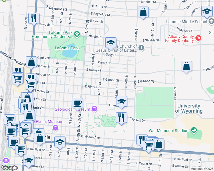 map of restaurants, bars, coffee shops, grocery stores, and more near 601-699 North 11th Street in Laramie