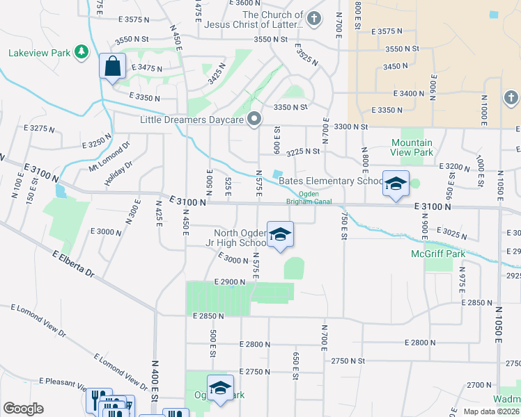 map of restaurants, bars, coffee shops, grocery stores, and more near 590 East 3100 North in Ogden