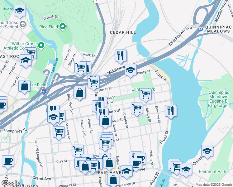 map of restaurants, bars, coffee shops, grocery stores, and more near 203 Atwater Street in New Haven