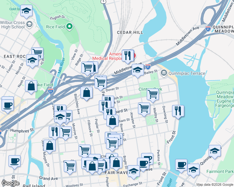 map of restaurants, bars, coffee shops, grocery stores, and more near 194 Dover Street in New Haven