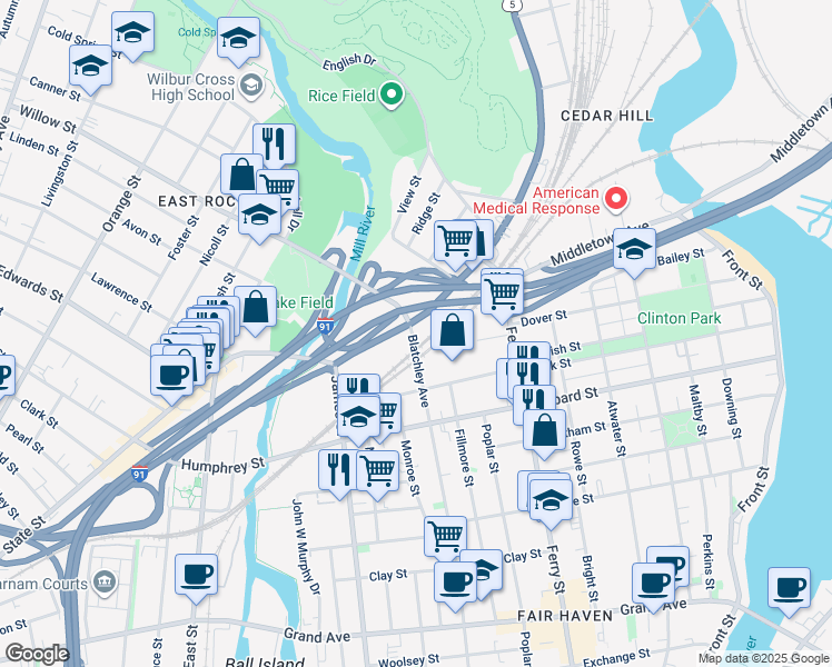 map of restaurants, bars, coffee shops, grocery stores, and more near in New Haven